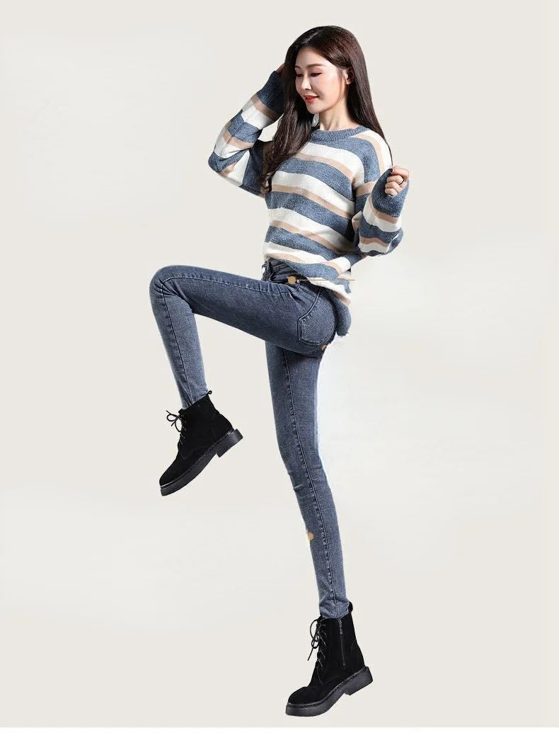 Jeans para Mulheres Mom Jeans azul, cinza, preto. Jeans feminino de cintura alta, elástico, denim lavado, skinny, tipo lápis, streetwear feminino