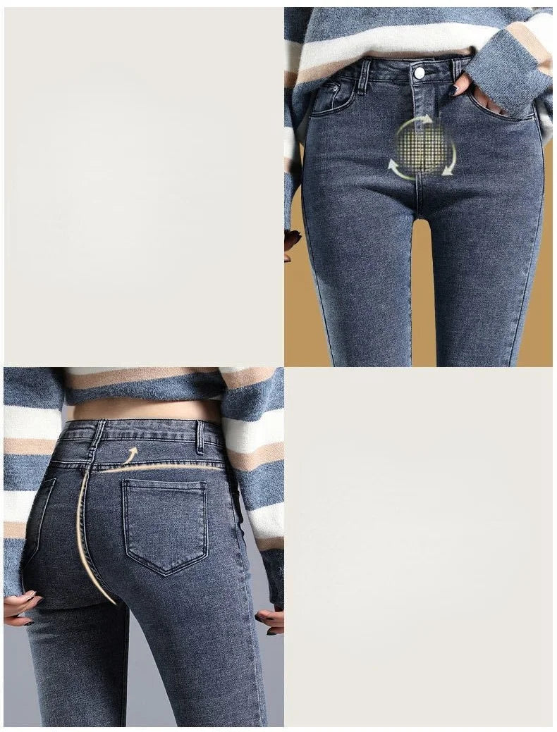 Jeans para Mulheres Mom Jeans azul, cinza, preto. Jeans feminino de cintura alta, elástico, denim lavado, skinny, tipo lápis, streetwear feminino