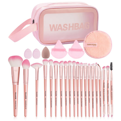 Kit de Ferramentas de Maquiagem MAANGE 27pcs - Conjunto com 20 Pincéis para Base, Contorno e Blush, com Esponja Triangular, Almofada Removedora de Maquiagem e Bolsa de Viagem