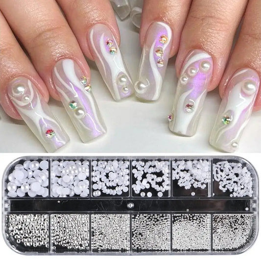 Acessórios para Unhas - Conjunto de Pérolas Falsas e Contas para Nail Art - Kit de Decoração DIY Estilo Ins para Design Deslumbrante - Caixa com 12 Compartimentos para Mulheres