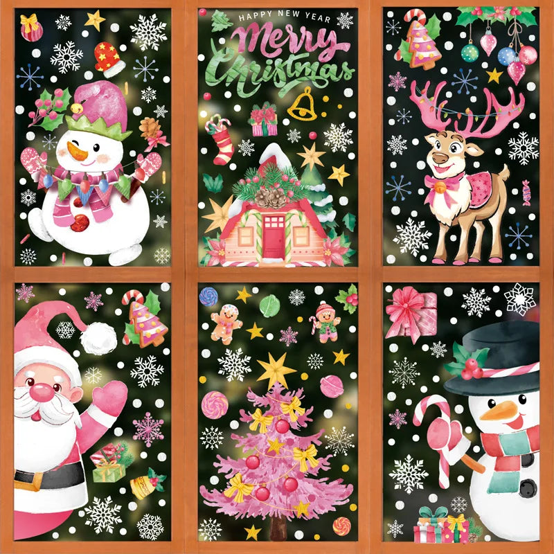 Adesivos de Janela de Natal Rosa: Adesivos de Papai Noel, Boneco de Neve, Renas, Decoração de Vidro, DeCal “Merry Christmas”, Decoração para Casa 2024, Presentes de Ano Novo.