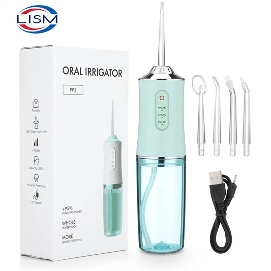 Irrigador Oral Portátil, Floss Dental com Jato de Água Recarregável por USB, 4 Pontas de Jato, 220ml, 3 Modos, IPX7, 1400rpm.