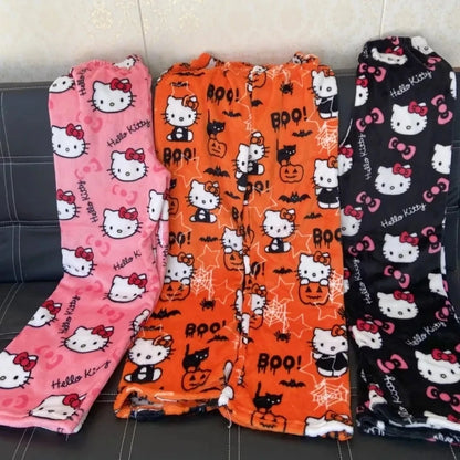 Pijamas Hello Kitty Sanrio 2024 Halloween Flanela Calças de Moda Femininas Kawaii de Lã Anime Desenho Casual para Casa Outono