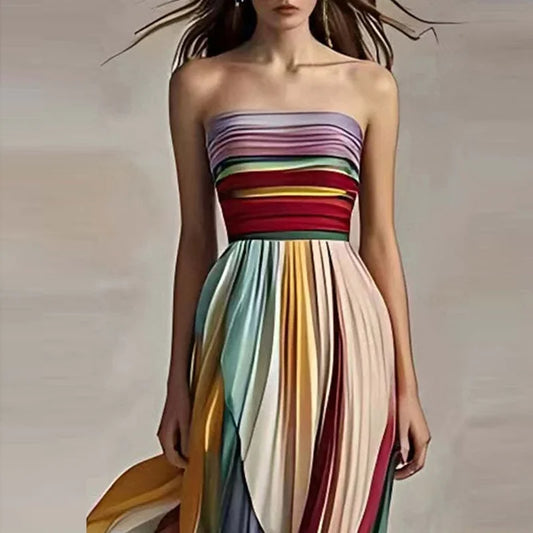 Elegante e Sexy Vestido Maxi de Alça Off Shoulder, Listras Coloridas, Sem Mangas, com Colisão de Cores, Rugas e Design Irregular, para Festa Feminina