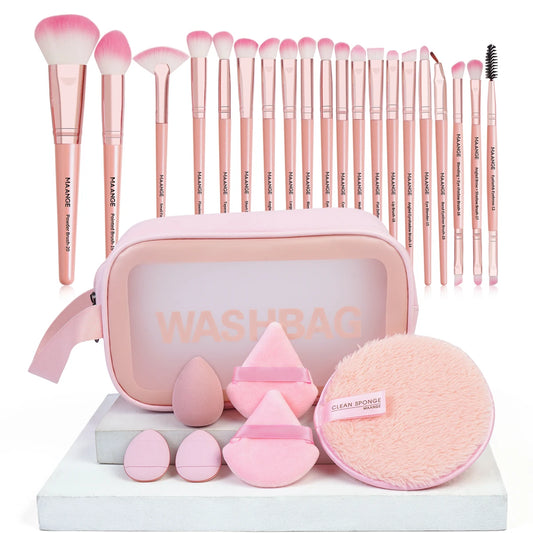 Kit de Ferramentas de Maquiagem MAANGE 27pcs - Conjunto com 20 Pincéis para Base, Contorno e Blush, com Esponja Triangular, Almofada Removedora de Maquiagem e Bolsa de Viagem