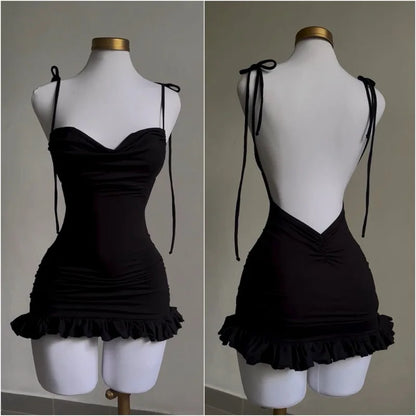 Vestido Curto Sem Costas e Sem Mangas com Babados para Mulheres - Vestido Justo de Verão Y2K com Amarração, Preto, Sexy e Elegante, para Festa, Vintage, Roupas Femininas