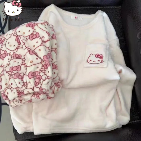 Pijamas Quentes de Cartoon Sanrio Hello Kitty Japonês para Mulheres, Flanela de Inverno, Nova Linha Plus, Aveludada e Espessa, Doce e Aconchegante para Manter o Calor