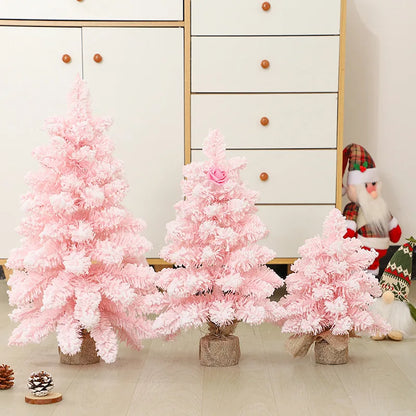 Mini Árvore de Natal Rosa com Spray de Neve, 30cm, Decoração de Floco de Neve para Mesa ou Janela, Material em PVC.