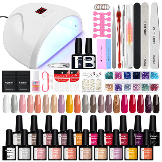 Kit de Unhas Phoenixy Profissional - Conjunto com 20/8 Cores de Gel Polish para Unhas com Lâmpada Secadora de Unhas de 36W e Ferramentas de Design de Unhas - Kit de Unhas Semi-permanente