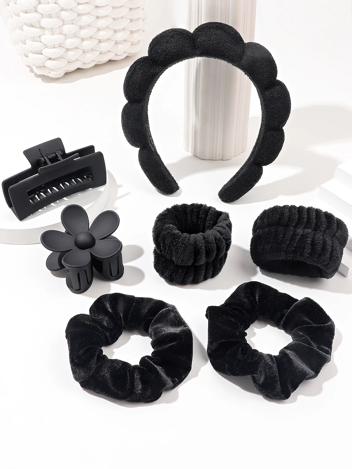 Conjunto de 7 Peças de Pulseiras de Microfibra para Lavagem da Moda, Scrunchies, Faixa de Cabeça Puffy, Faixa de Cabeça Espuma para Lavar o Rosto, Maquiagem, Banho e Cuidados com a Pele