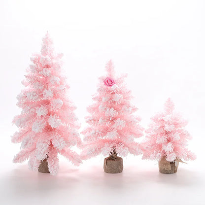 Mini Árvore de Natal Rosa com Spray de Neve, 30cm, Decoração de Floco de Neve para Mesa ou Janela, Material em PVC.