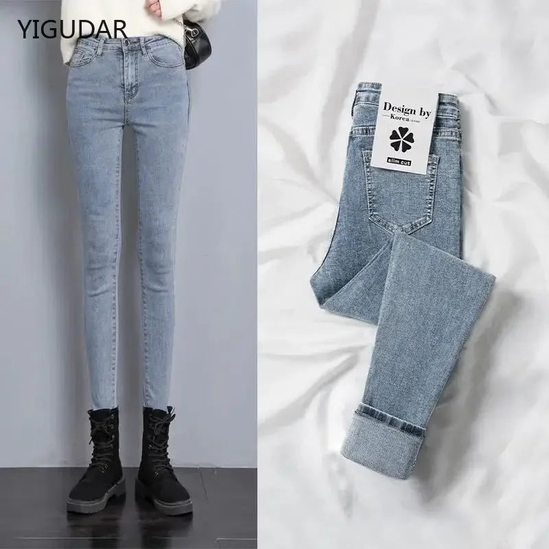 Jeans para Mulheres Mom Jeans azul, cinza, preto. Jeans feminino de cintura alta, elástico, denim lavado, skinny, tipo lápis, streetwear feminino