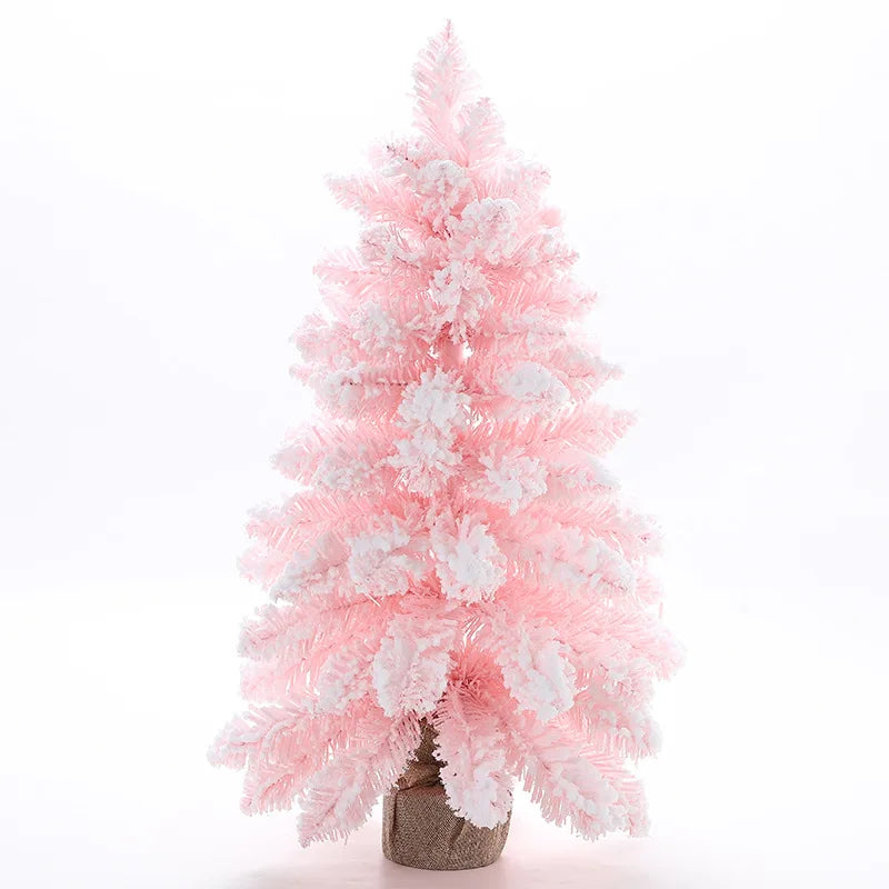 Mini Árvore de Natal Rosa com Spray de Neve, 30cm, Decoração de Floco de Neve para Mesa ou Janela, Material em PVC.