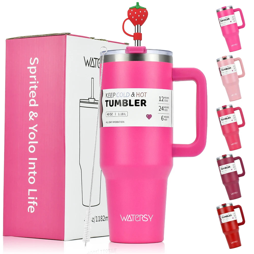 1 unidade Watersy 1200ml/40oz Tumbler com Alça Rosa, Aço Inoxidável Térmico, Portátil, Isolamento a Vácuo, Presente