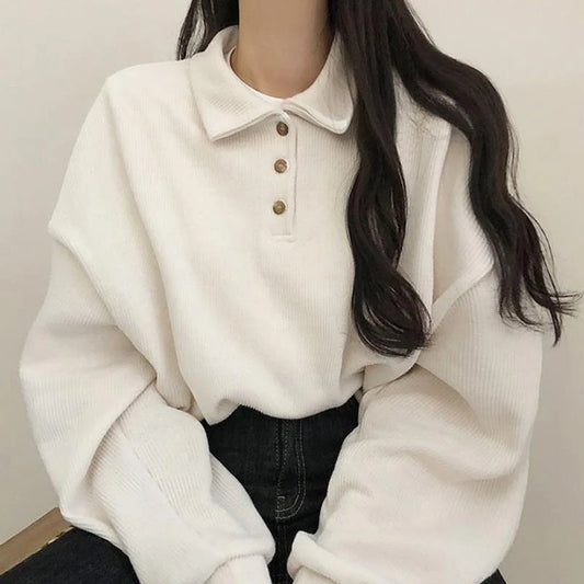 Suéter Feminino Outono Inverno - Pulôver Canelado, Estilo Casual Preppy com Gola Virada e Botões, Blusa Estilo Coreano