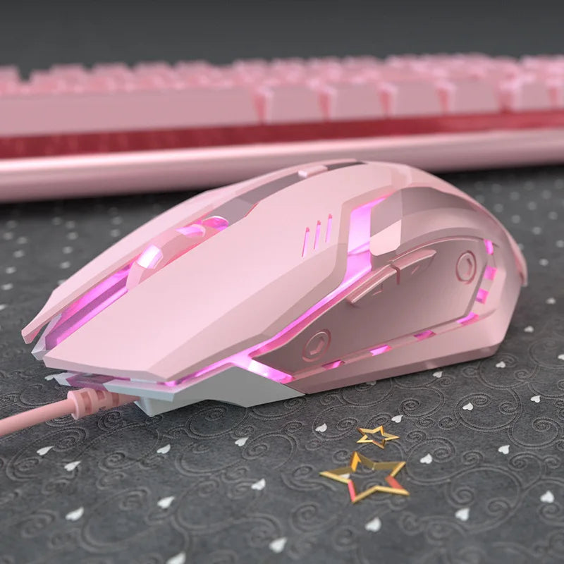 Mouse Gamer Ergonômico com Fio, 6 Botões, LED 2400 DPI, USB, Modelo K3 na cor rosa, com mouse pads inclusos, ideal para PC e Laptop.