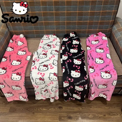 Pijamas Hello Kitty Sanrio 2024 Halloween Flanela Calças de Moda Femininas Kawaii de Lã Anime Desenho Casual para Casa Outono