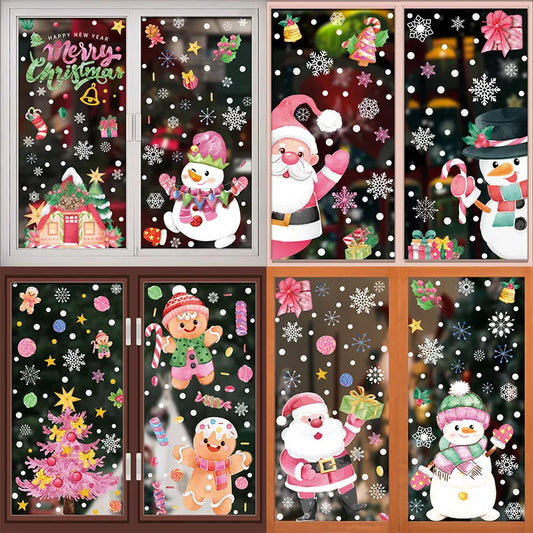 Adesivos de Janela de Natal Rosa: Adesivos de Papai Noel, Boneco de Neve, Renas, Decoração de Vidro, DeCal “Merry Christmas”, Decoração para Casa 2024, Presentes de Ano Novo.